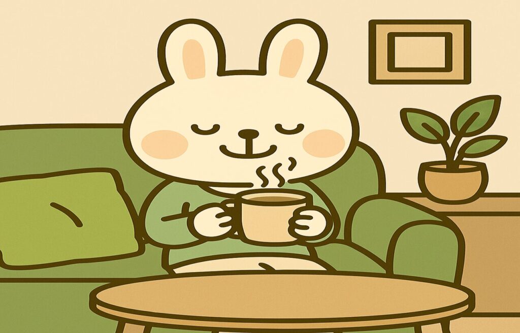 リビングのソファでくつろぎながら、湯気の立つココアを手に笑顔で目を閉じている白衣姿のみどりん（薬剤師うさぎ）。背景には観葉植物やクッションがあり、落ち着いた雰囲気。